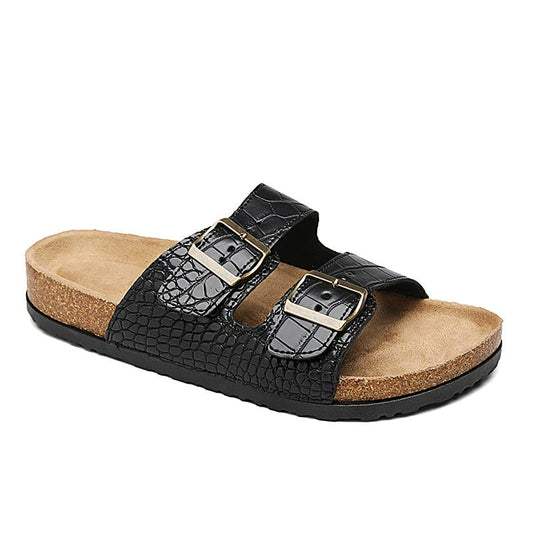 Black Croc-Print Double Buckle Cork Sandals